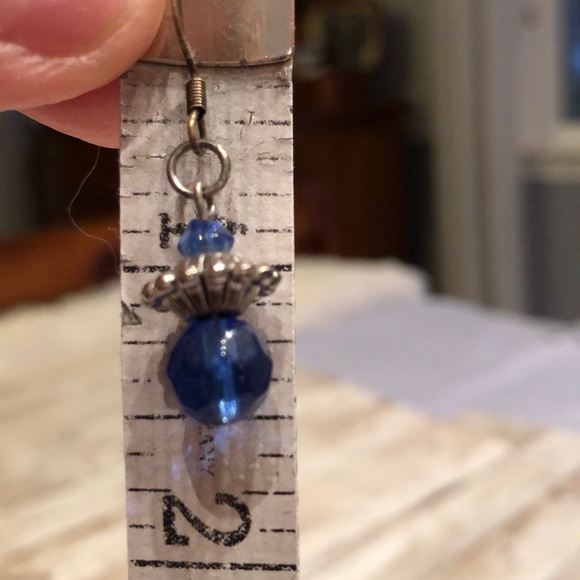 Handmade silver & sapphire blue crystal dangle earrings w/ fish hook back - Picture 6 of 6